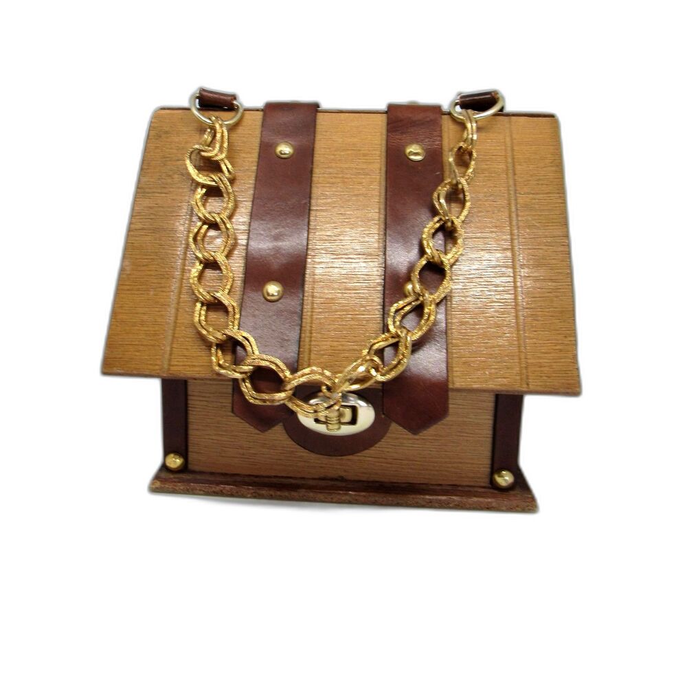 Vintage box purse wooden chest gold tone chain handle by Mister Ernest 6x6x4.5
